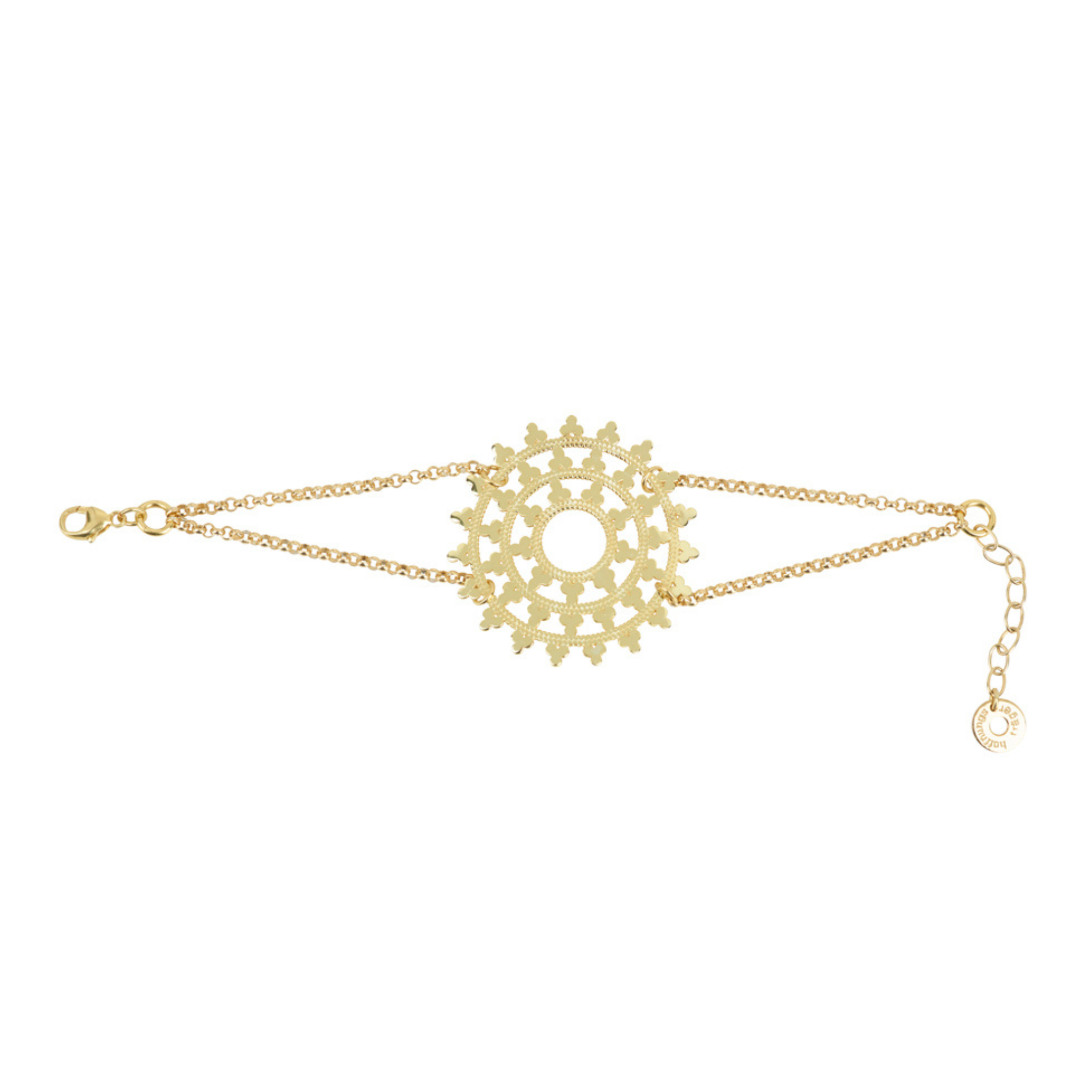 Karma Armband mit großem Wheel of Karma Symbol aus 925 Silber 18K vergoldet. 