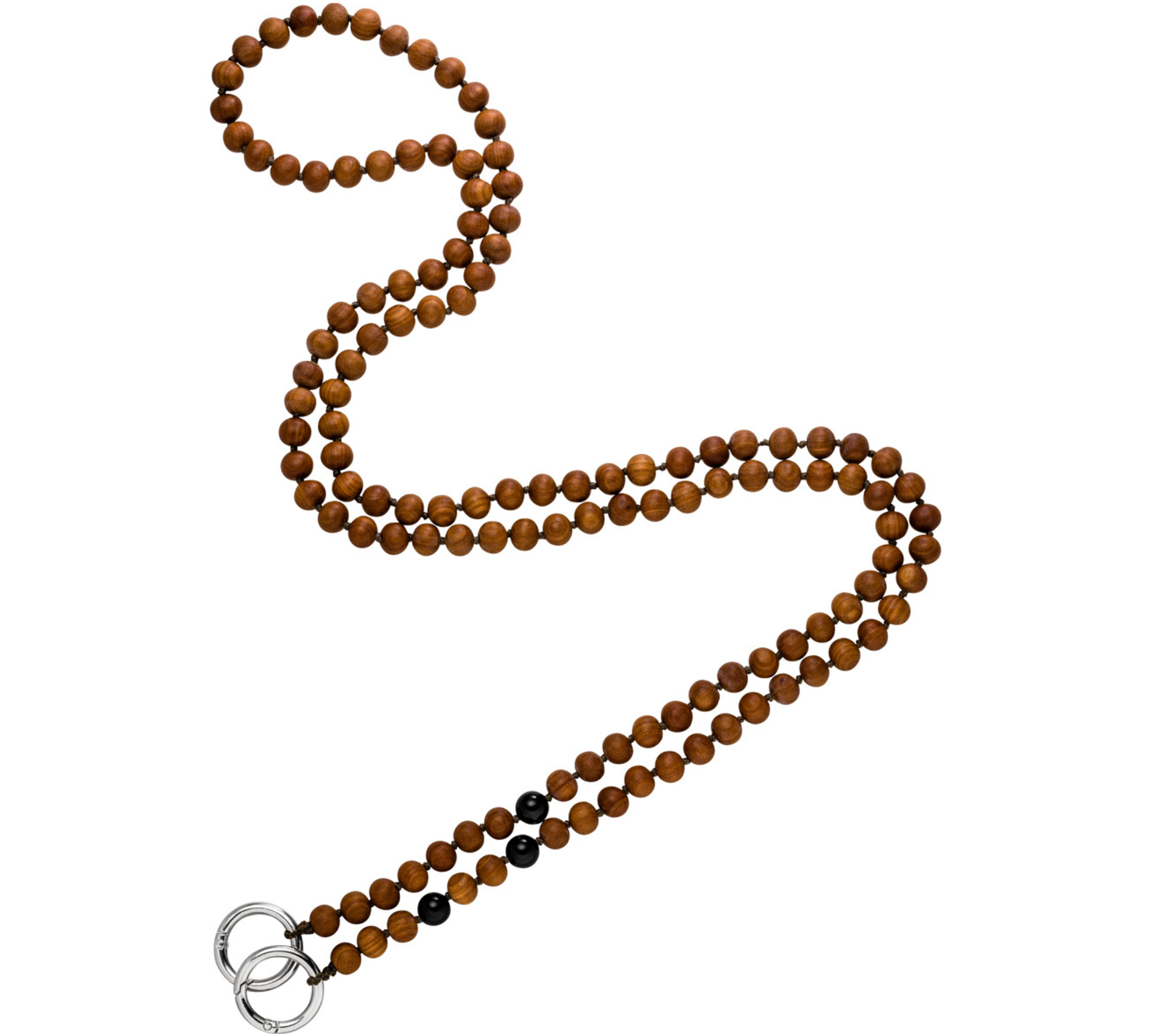 Lange Handykette aus Sandelholz Perlen und drei glänzenden Onyx Edelsteinkugeln. 140 cm lang.