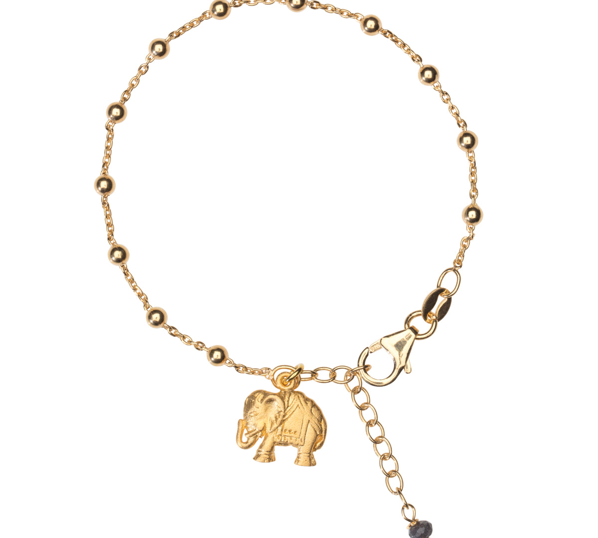 Armband Elefant aus 925 Silber 18K Vergoldet. Happy Elefant Anhänger hängt an feiner Kugelkette mit Verlängerungsklette.