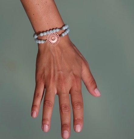Doppelreihiges Mandala Edelstein Armband mit Amazonit und Rosenquarz.
