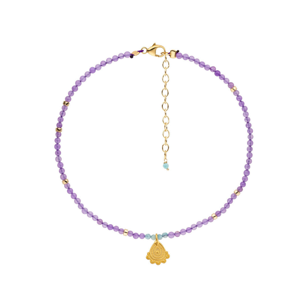 Edelstein Armband und Fußkette aus lila Achat Edelsteinen und vergoldetem Anhänger