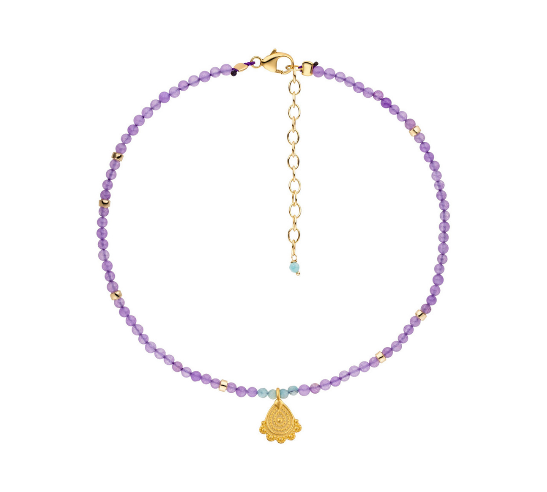 Edelstein Armband und Fußkette aus lila Achat Edelsteinen und vergoldetem Anhänger