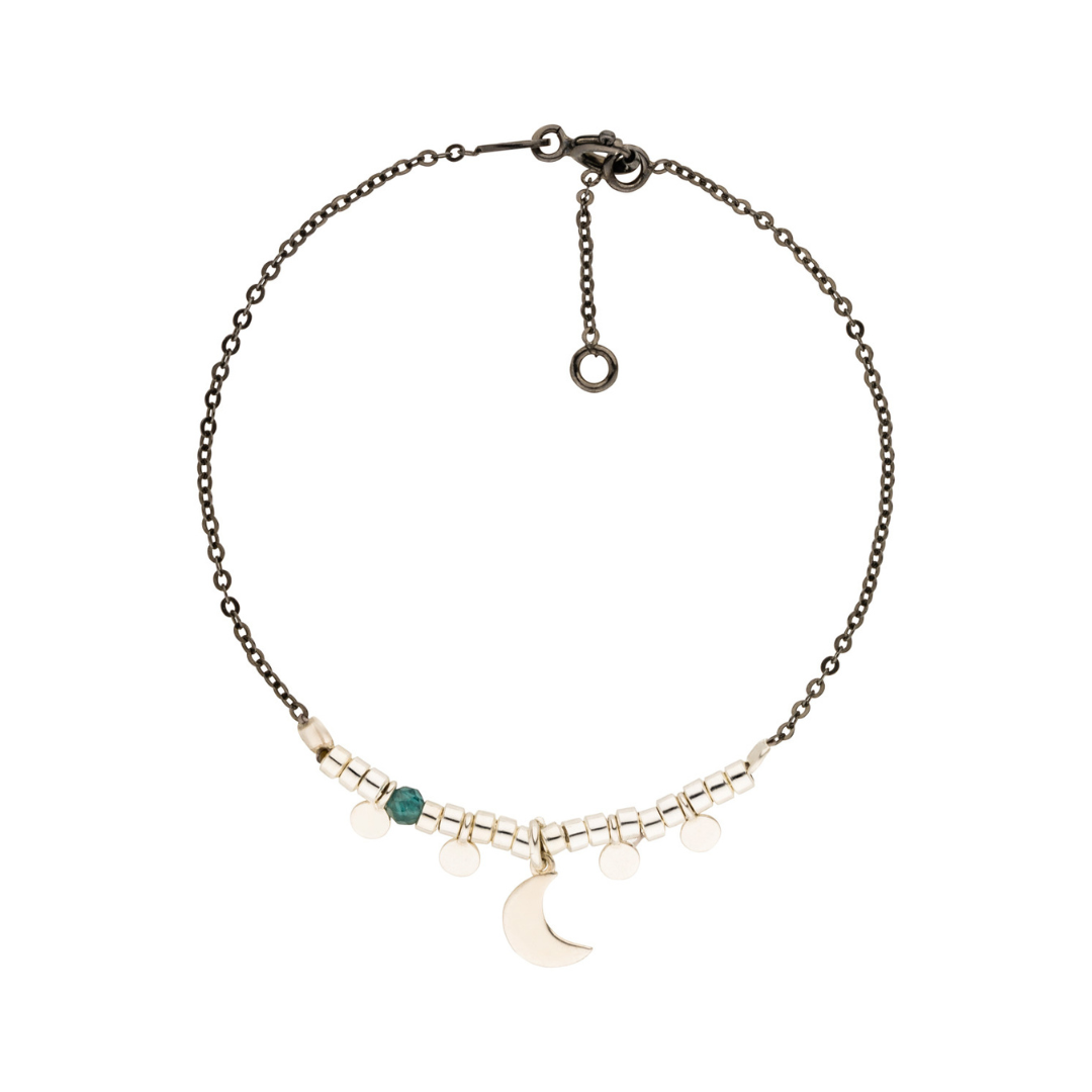 Schickes Mond Armband aus 925 Silber und geschwärztem 925 Silber mit Halbmond Anhänger und geschliffenem Apatit Edelstein. 15 - 17 cm lang.
