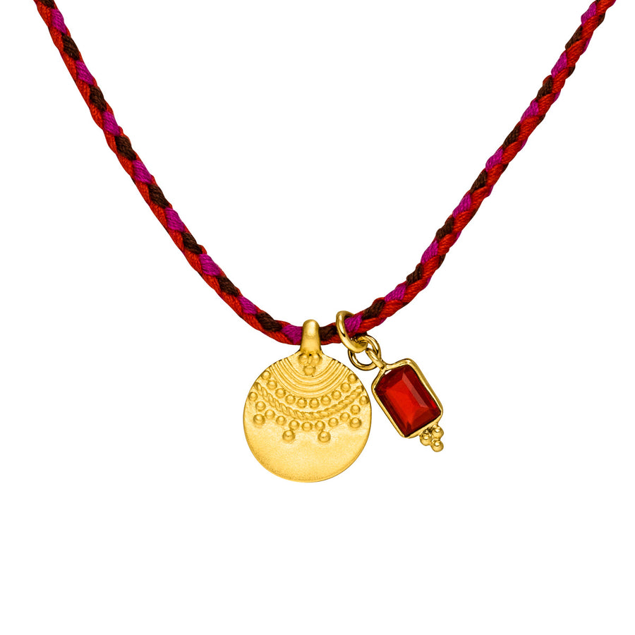 Transformations-Kette Choker mit indischer goldener Münze und Granat Anhänger.