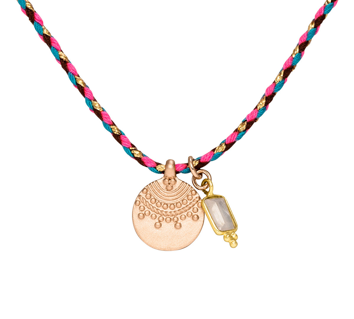 Choker Kette an pink-blauer Kordelkette mit Sonnenanhänger in Roségold und Mondstein.