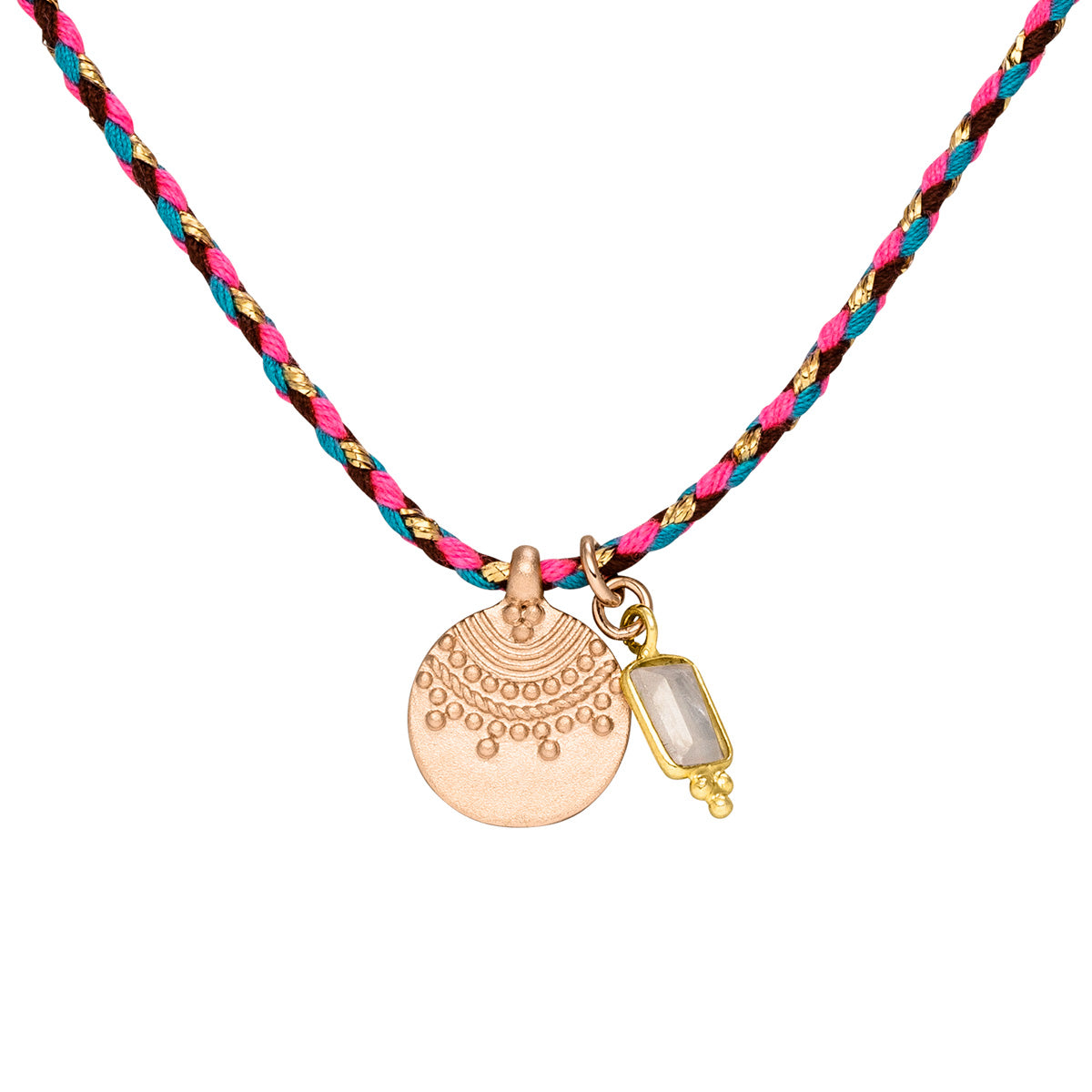 Choker Kette an pink-blauer Kordelkette mit Sonnenanhänger in Roségold und Mondstein.