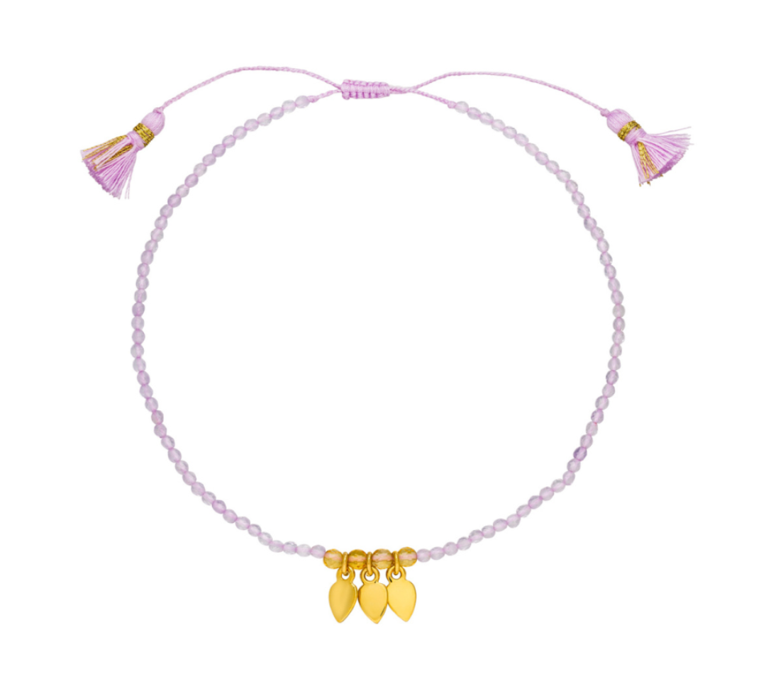 Fußkette Perlen mit Lavendelquarz und Citrin mit verstellbarem Verschluss und goldenen Anhängern.