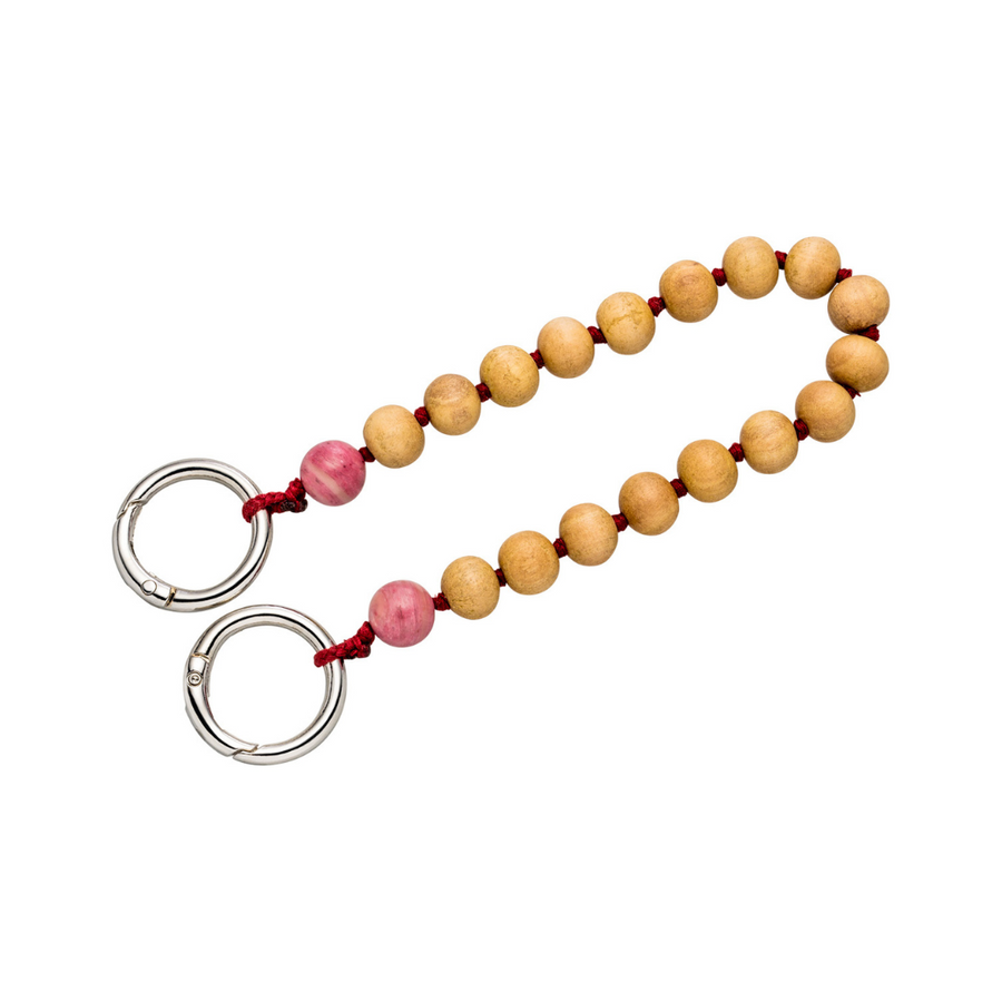 Kurze Handykette aus Sandelholz Perlen und zwei rosafarbenen Rhodonit Edelsteinen