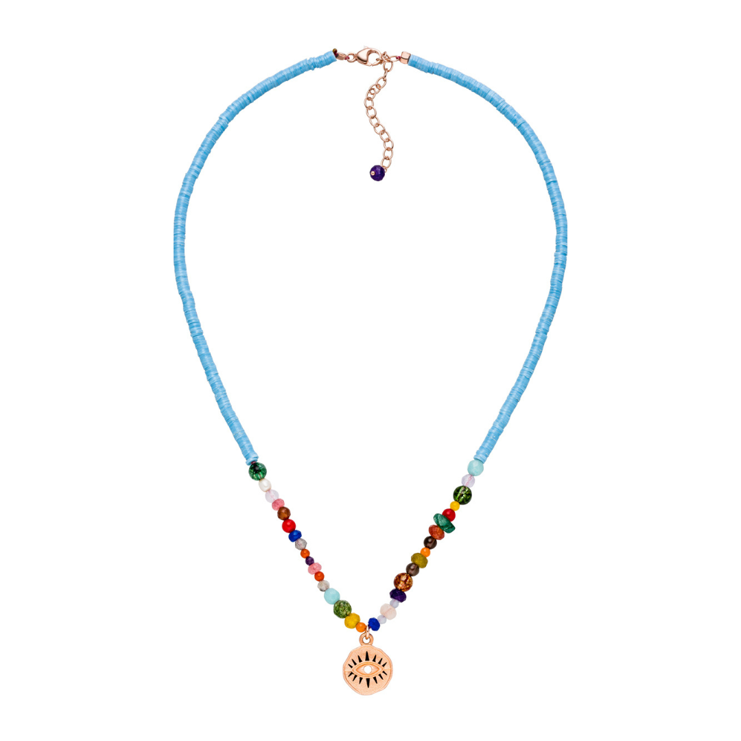 Choker-Kette Auge mit bunten, hochwertigen Edelsteinen und Auge Amulett 925 Silber rosévergoldet für Schutz.