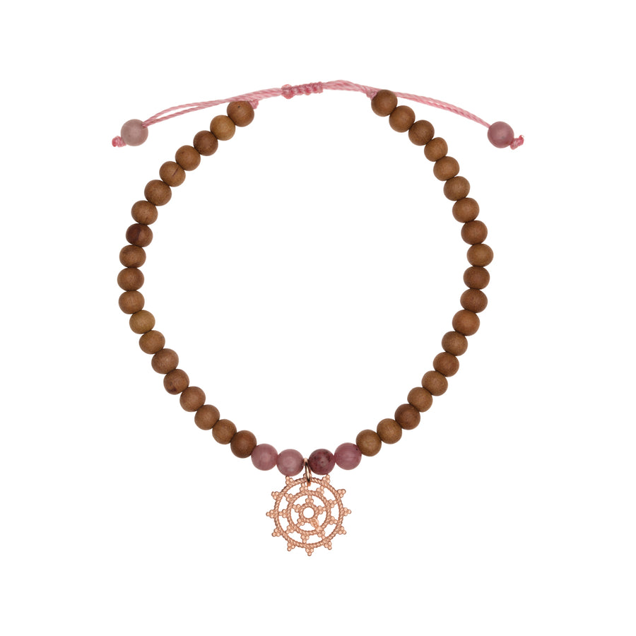Shanti Bracelet Sandalwood Macrame, Wheel of Karma & Rhodonite