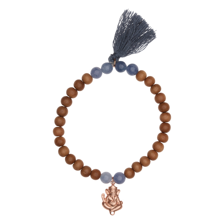 Shanti Armband Sandelhout Stretch, Ganesha & Aquamarijn