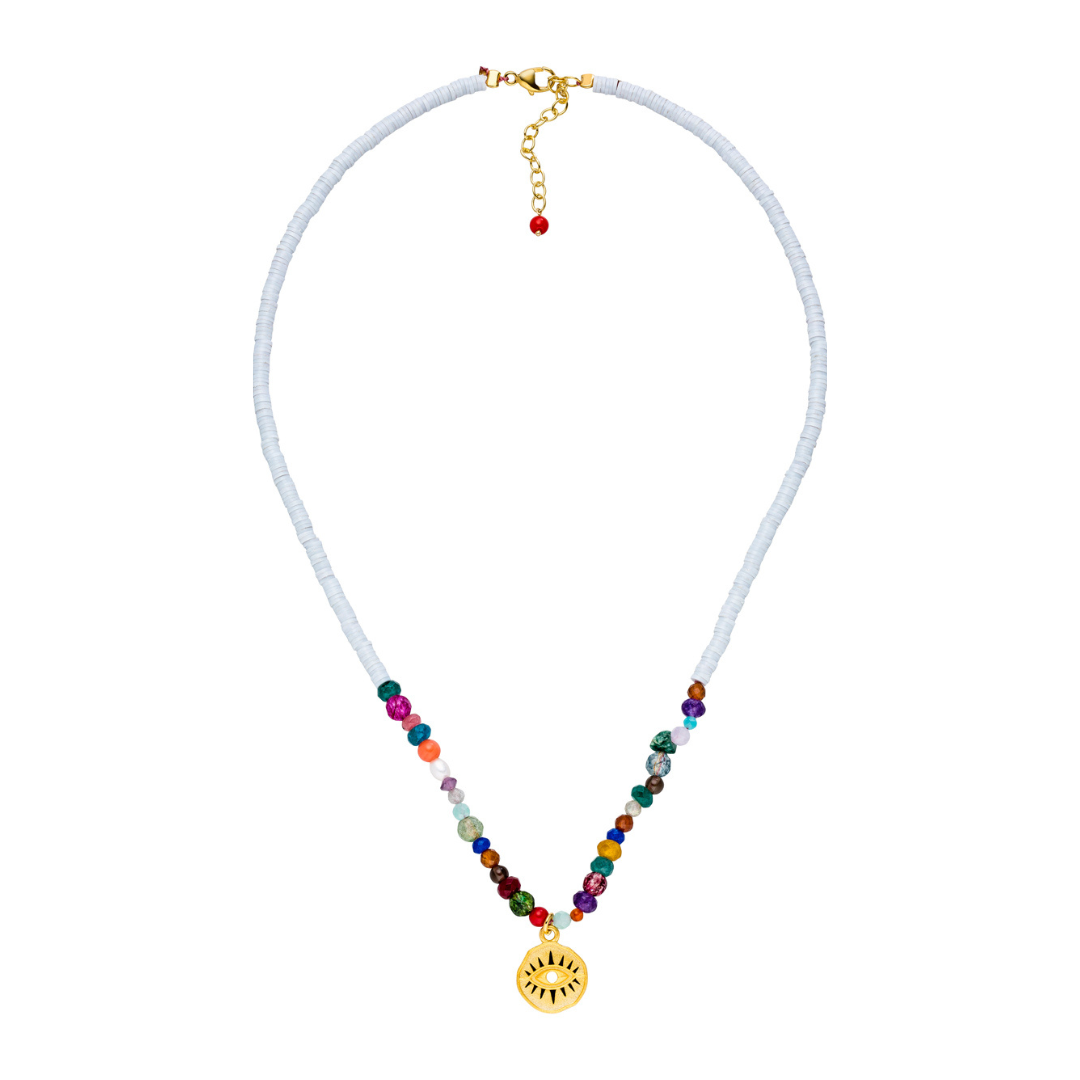 Choker Kette aus weißen recycelten Pailletten, echten Edelsteinen und vergoldetem Auge Amulett. Schutzkette.