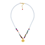 Choker Kette aus weißen recycelten Pailletten, echten Edelsteinen und vergoldetem Auge Amulett. Schutzkette.