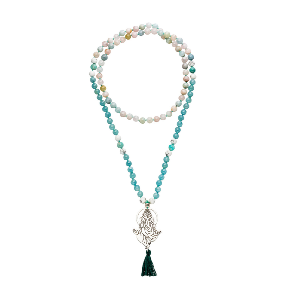 Lange Mala Kette aus Aquamarin und Morganit Edelsteinen mit 925 Silber Ganesha Anhänger.  100 cm.