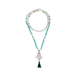 Lange Mala Kette aus Aquamarin und Morganit Edelsteinen mit 925 Silber Ganesha Anhänger.  100 cm.