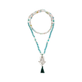 Lange Mala Kette aus Aquamarin und Morganit Edelsteinen mit 925 Silber Ganesha Anhänger.  100 cm.