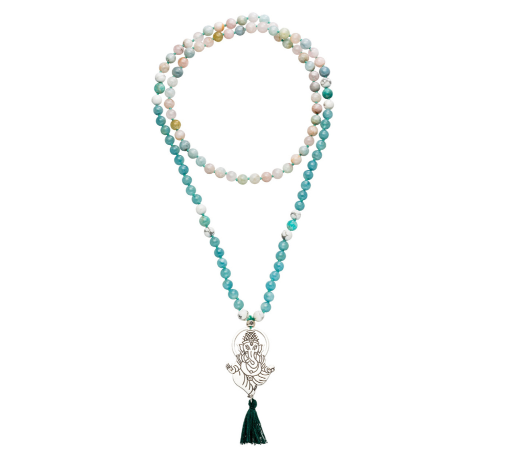 Lange Mala Kette aus Aquamarin und Morganit Edelsteinen mit 925 Silber Ganesha Anhänger.  100 cm.