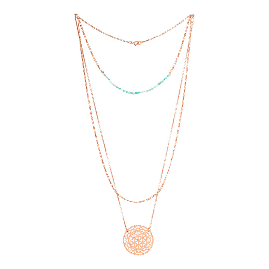 Dreireihige Layering Kette mit Blume des Lebens Anhänger in Roségold.