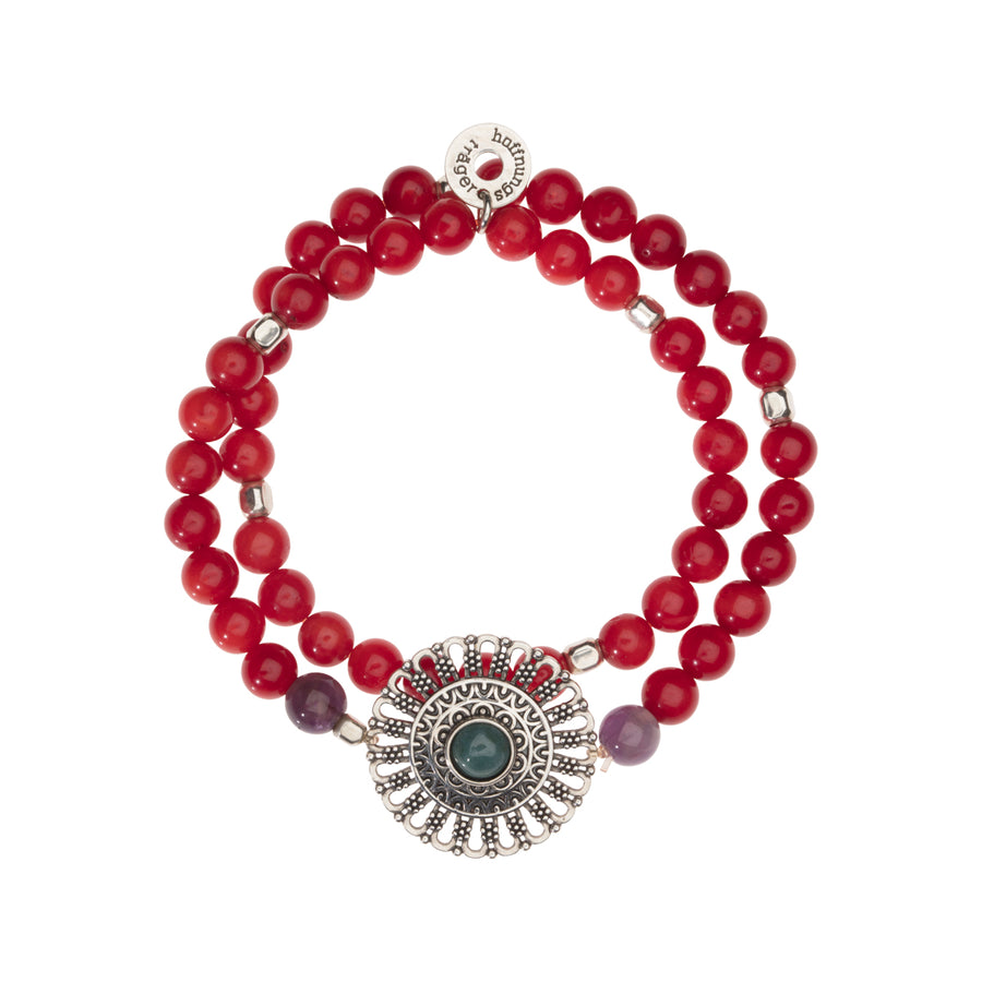Doppelreihiges Edelstein Armband aus roter Koralle mit 925 Silber Mandala Anhänger.