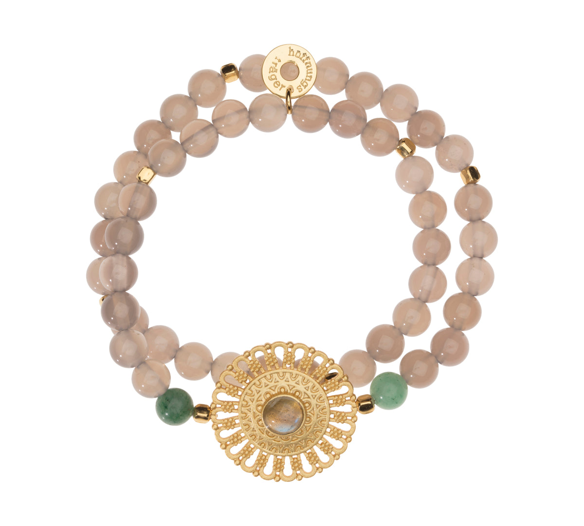 Doppelreihiges Edelstein Armband mit goldenem Mandala, Achat Perlen und Labradorit Heilstein.