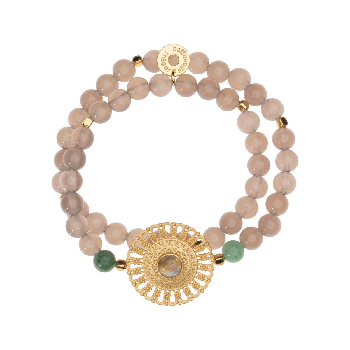Doppelreihiges Edelstein Armband mit goldenem Mandala, Achat Perlen und Labradorit Heilstein.