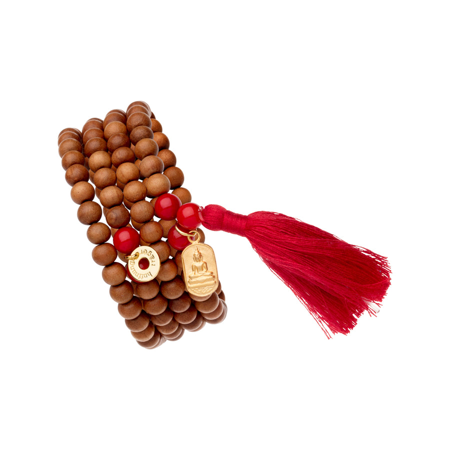 Sandalwood stretch bracelet, coral, gold