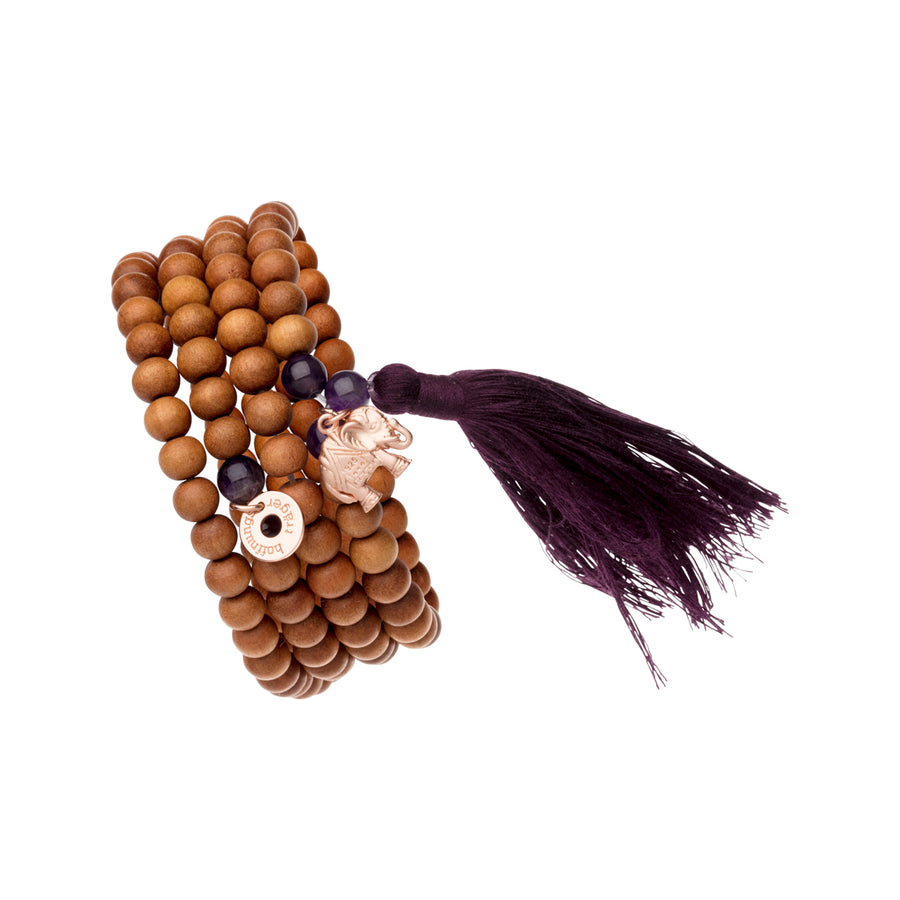 Bracciale elastico in legno di sandalo, ametista, oro rosa