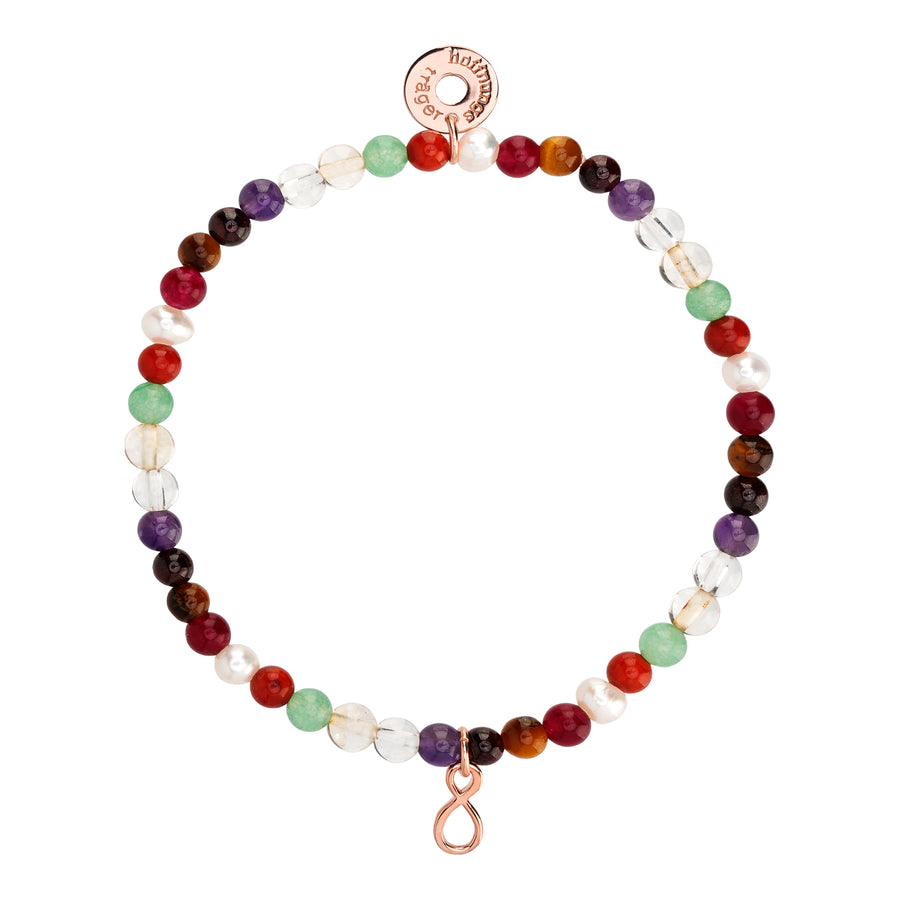 Mala Armband mit echten Edelsteinen und rosegoldenem Unendlichkeits-Anhänger.