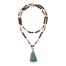 Bunte Edelstein Mala "9 Planeten" mit 108 Perlen und grüner  Quaste. 100 cm lang. Bunte Mala.