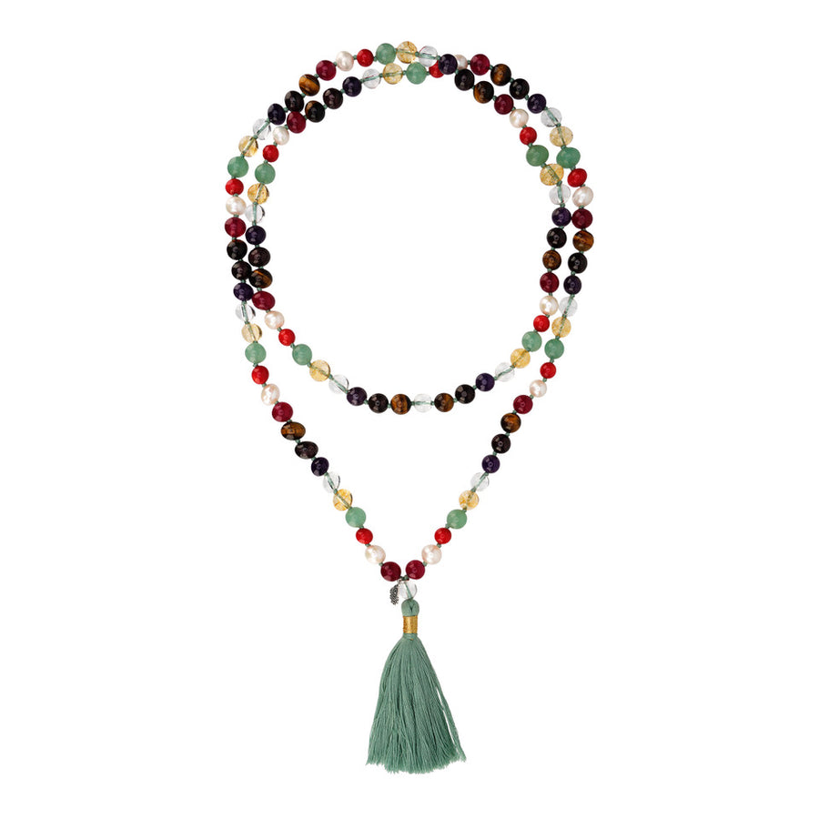 Bunte Edelstein Mala Kette mit 108 Perlen und grüner Quaste. 