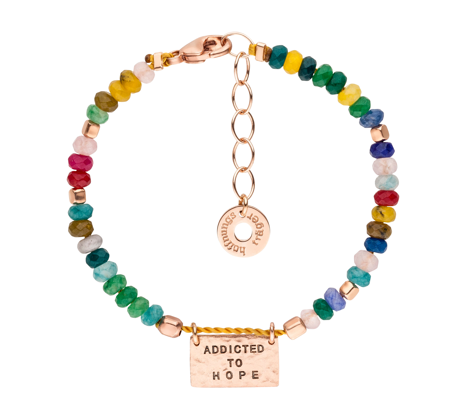 Buntes edelstein armband mit rosegoldenem anhaenger und addicted to hope gravur