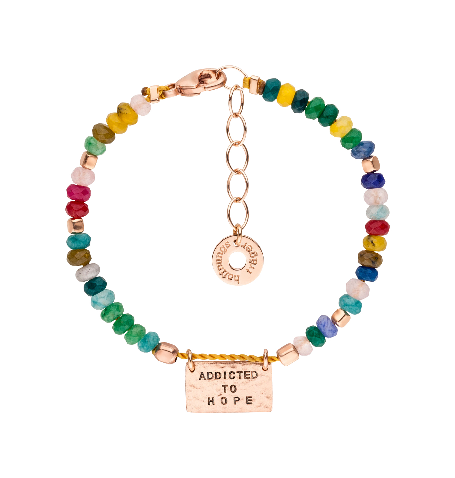Buntes edelstein armband mit rosegoldenem anhaenger und addicted to hope gravur