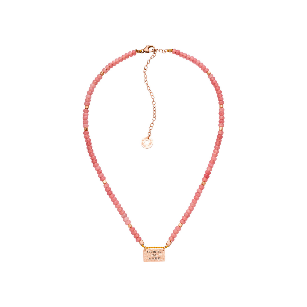 choker kette aus rosafarbenen achat edelsteinen mit rosegoldene, anhänger mit addicted to hope gravur