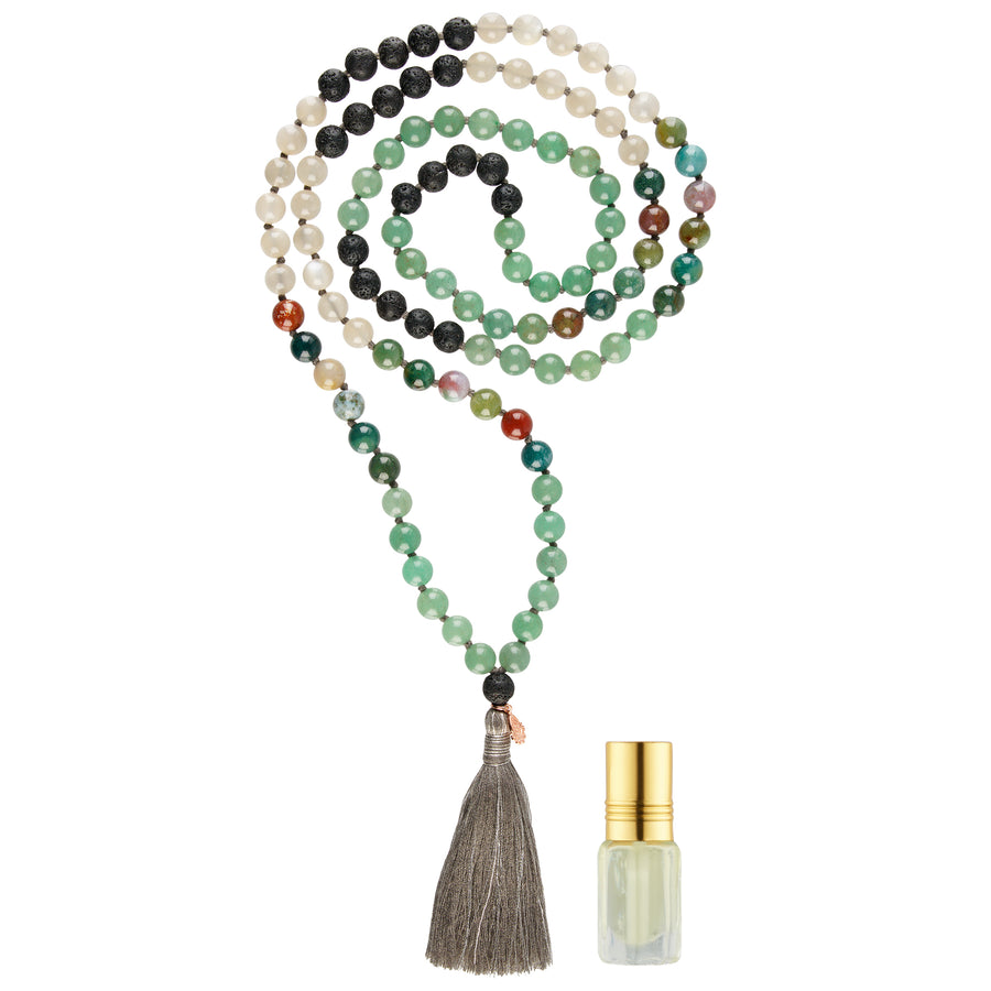 Aroma Mala Kette aus Mondstein, Achat und Lavasteinen mit Sandelholz Duft