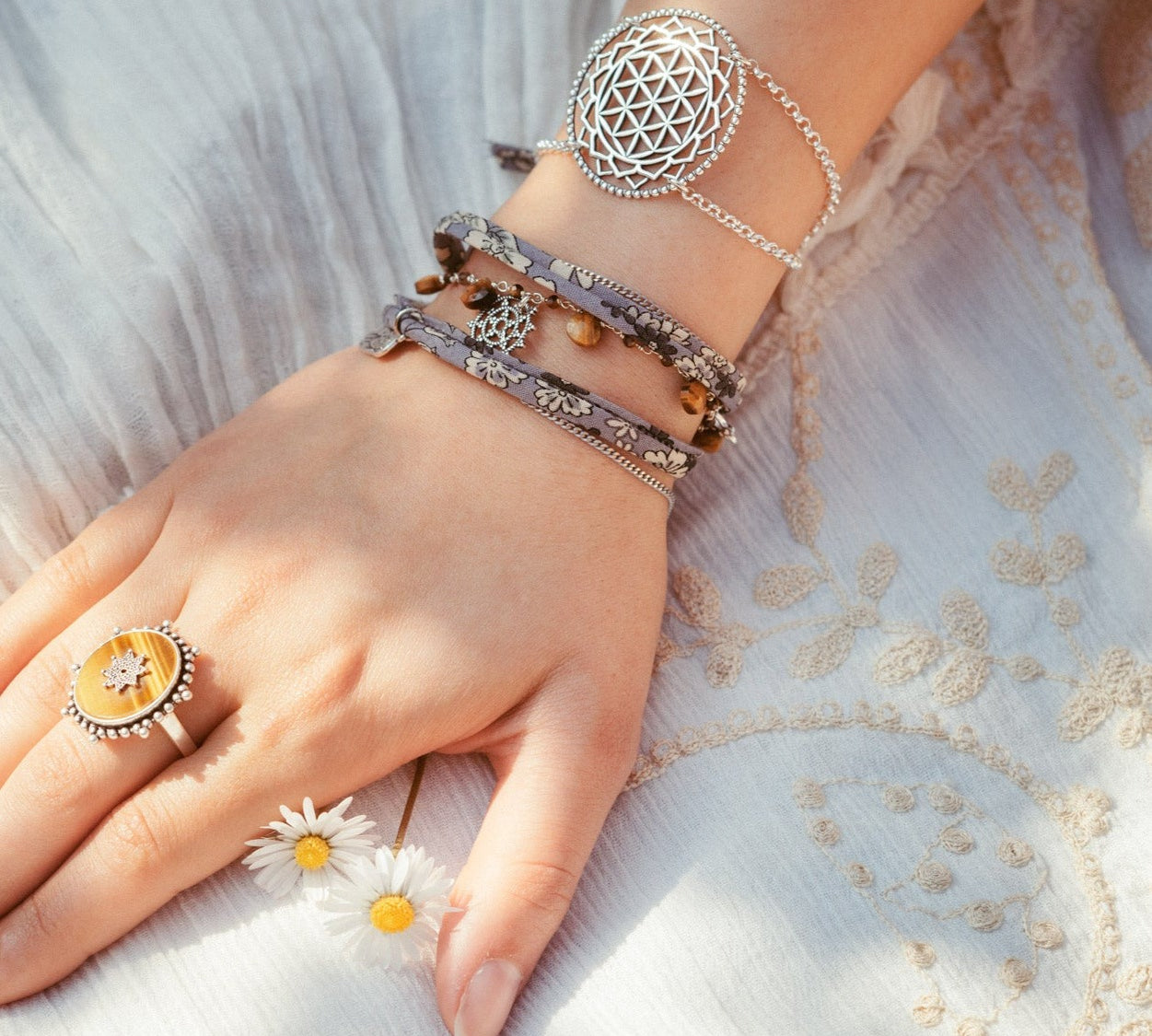 Blume des Lebens Armband in Sterlingsilber an Handgelenk