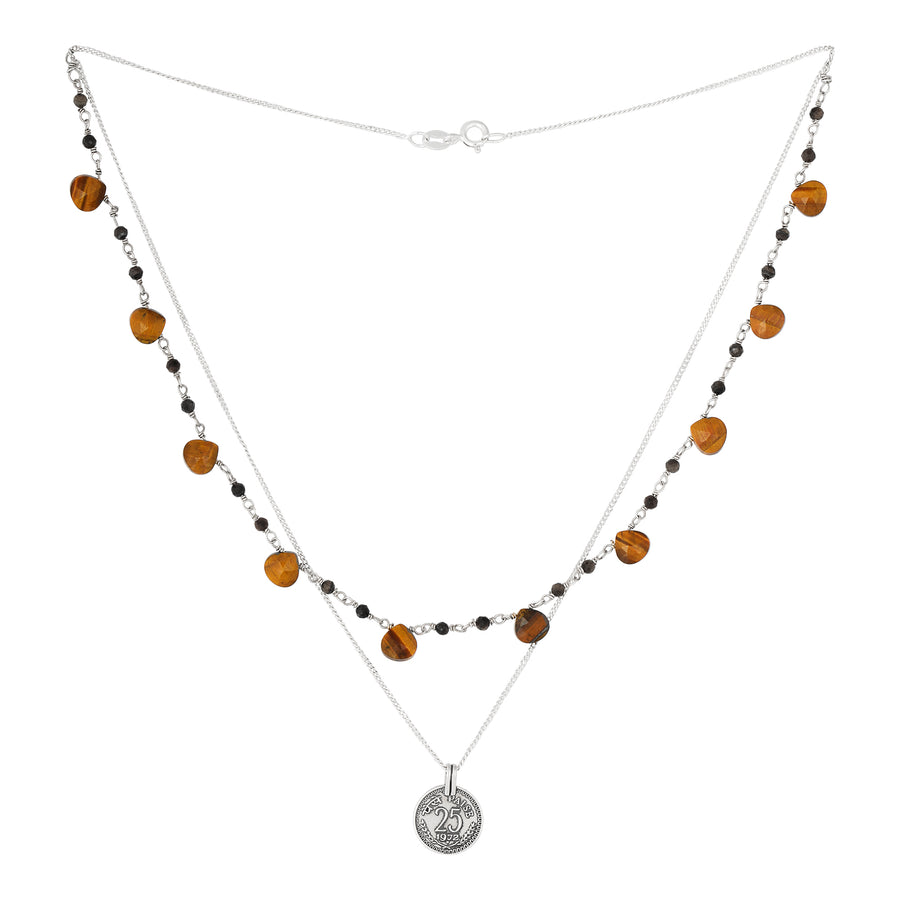 Silberne Choker Layering Kette mit Tigerauge Edelsteinen und Münze Anhänger.