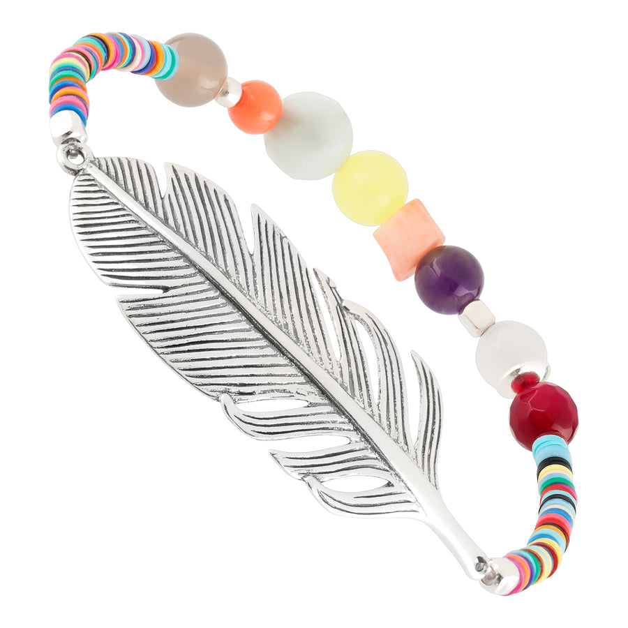Feder Armband Silber mit recycelten Plastik Perlen und bunten echten Edelsteinen