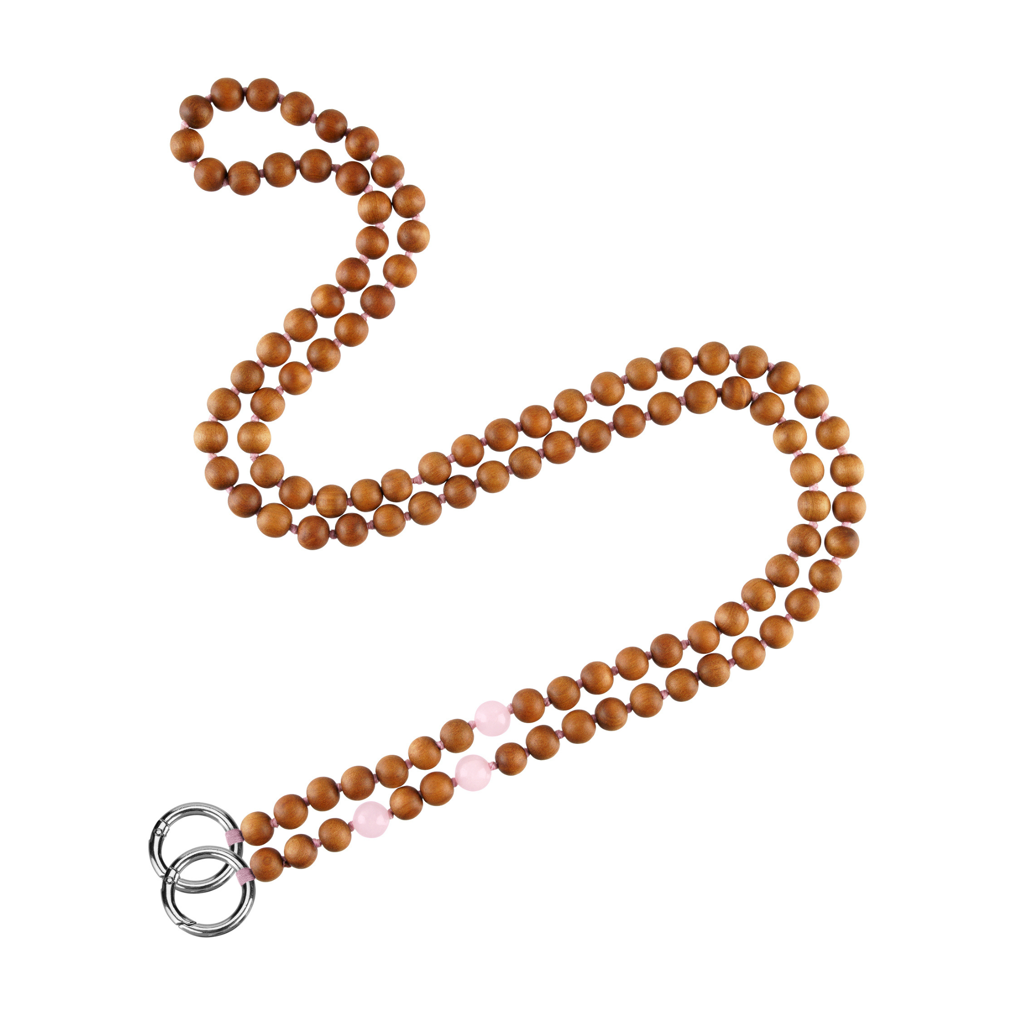 Mala Handykette aus Rosenquarz Perlen und Sandelholz Kugeln. Crossbodykette. 1,10 cm lang.