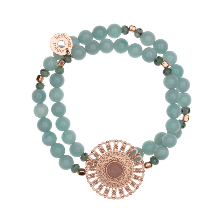 Doppelreihiges Edelstein Armband aus Amazonit, Rosenquarz, Achat Steinen mit roségoldenem Mandala Anhänger.
