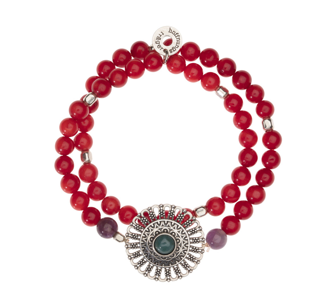 Doppelreihiges Edelstein Armband aus roter Koralle mit 925 Silber Mandala Anhänger.