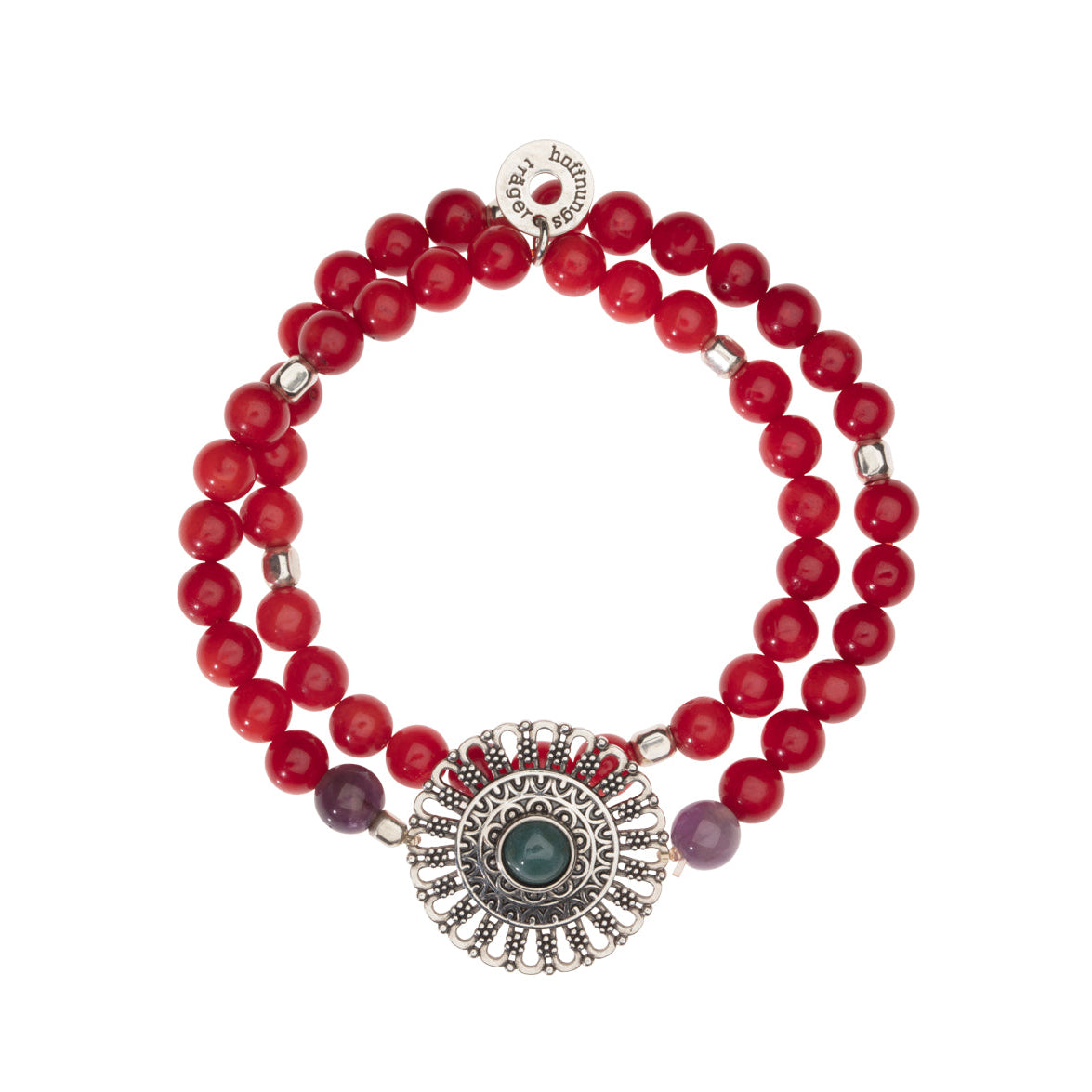 Doppelreihiges Edelstein Armband aus roter Koralle mit 925 Silber Mandala Anhänger.