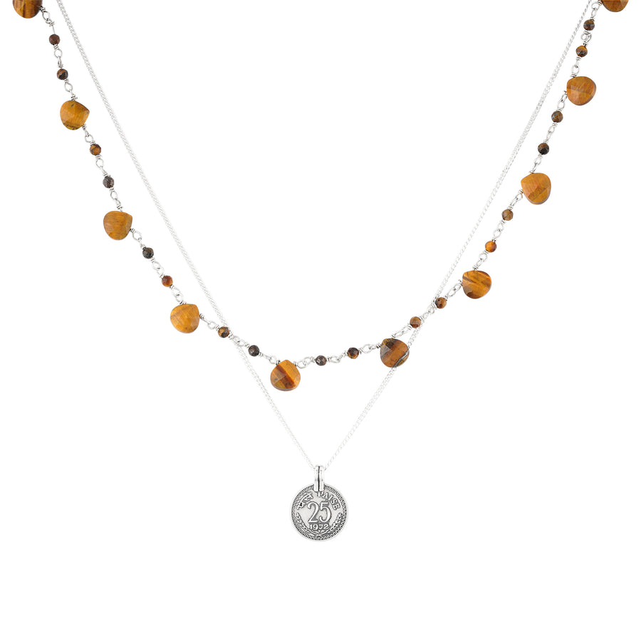 Choker Kette aus Sterlingsilber mit Tigerauge und Silber Münze.