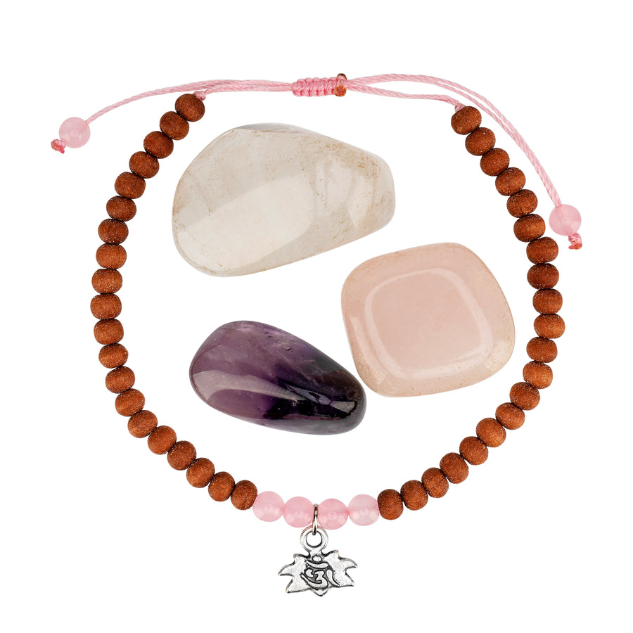 Geschenkset mit Sandelholz Armband und Rosenquarz, Amethyst und Bergkristall Edelsteinen.