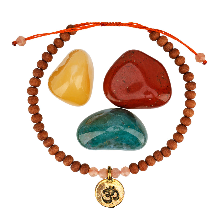 Geschenkset mit Om Armband und drei Edelsteinen für Erdung.
