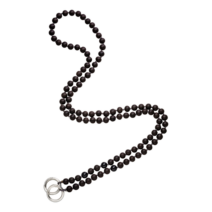 Handykette aus Ebendholz Perlen und Onyx Steinen und Ringen zum Befestigen am Handy.