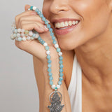 Mala Kette mit 925 Silber Ganesha Anhänger und Aquamarin und Morganit Edelstein. 100 cm lang.