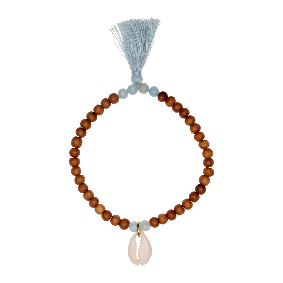 Shanti Bracelet Sandalwood Stretch, Cowrie & Aquamarine