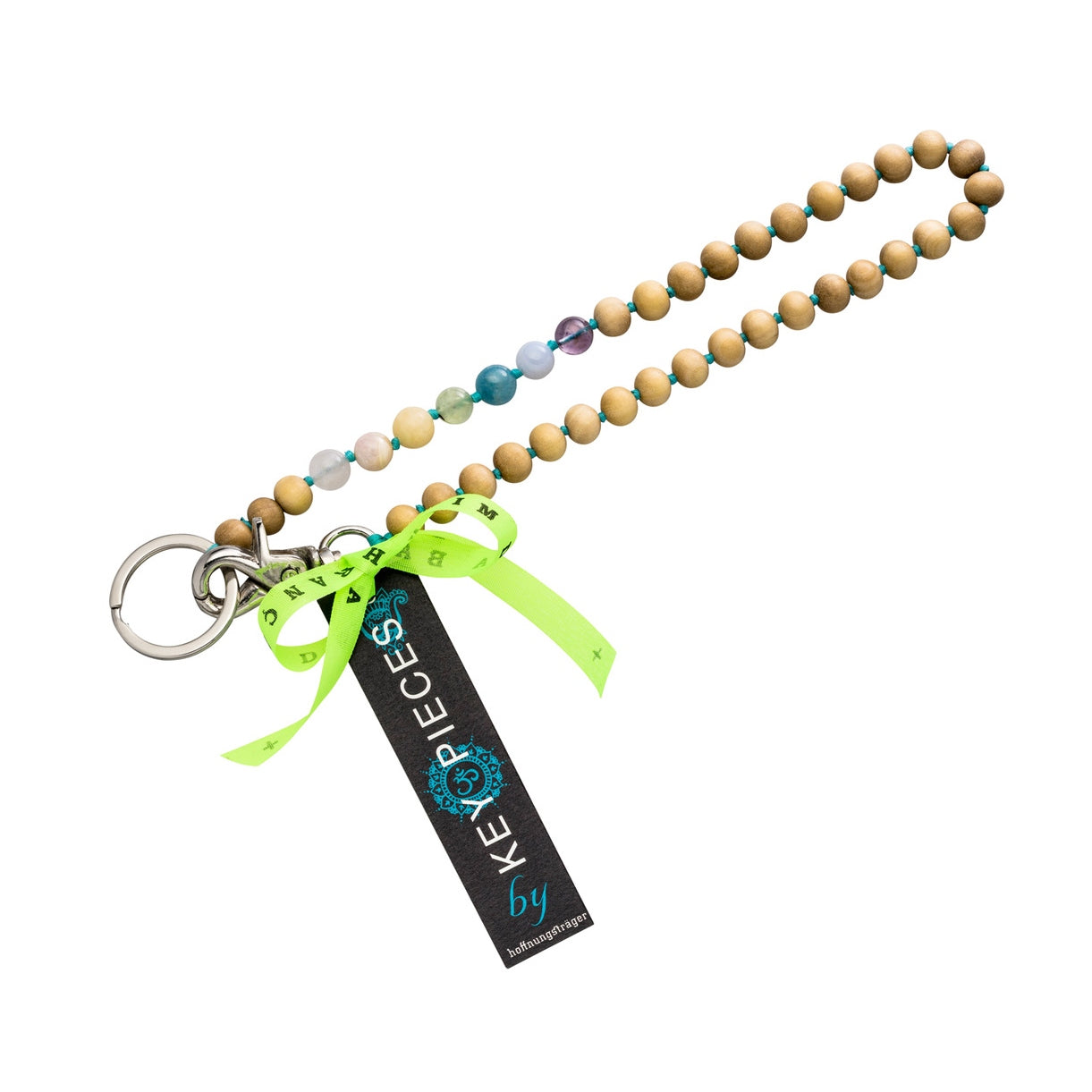 Chakra Schlüsselkette mit Sandelholz Perlen und 7 Chakra Edelsteinen. 45 cm. 