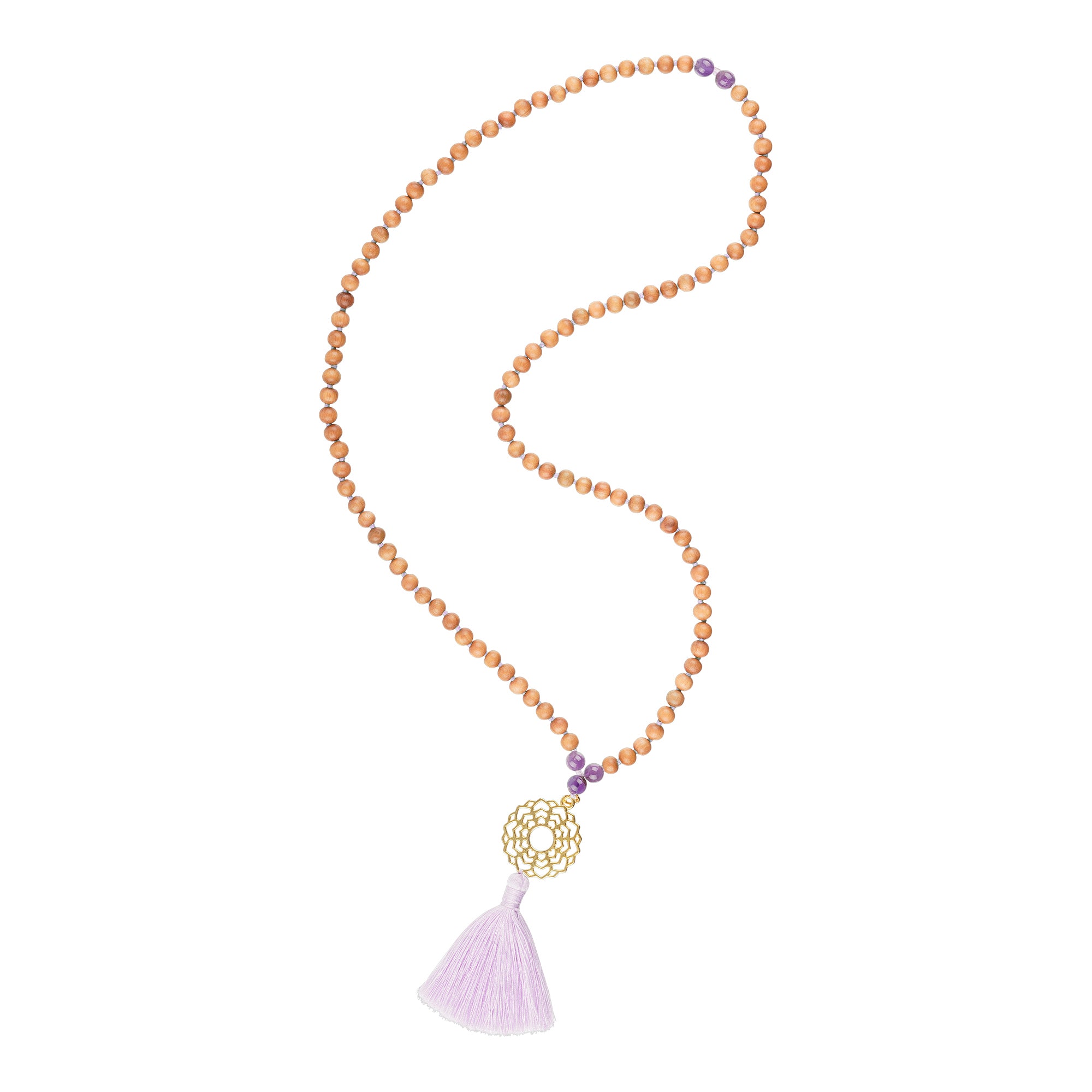 Mala Kette mit Kronenchakra Mandala  und Sandelholz-Perlen. 70 cm lang. Kurze Mala.