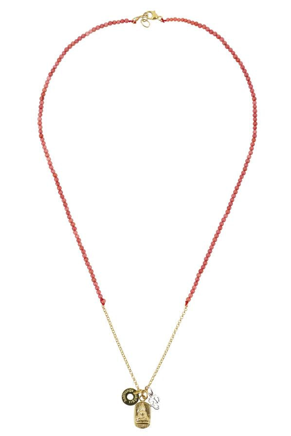 Yoga Kette mit Mantra Anhängern und roter Koralle.